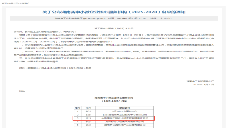 省級科技創(chuàng)新服務資質(zhì)+1，中機國際獲批2025年度湖南省中小微企業(yè)核心服務機構